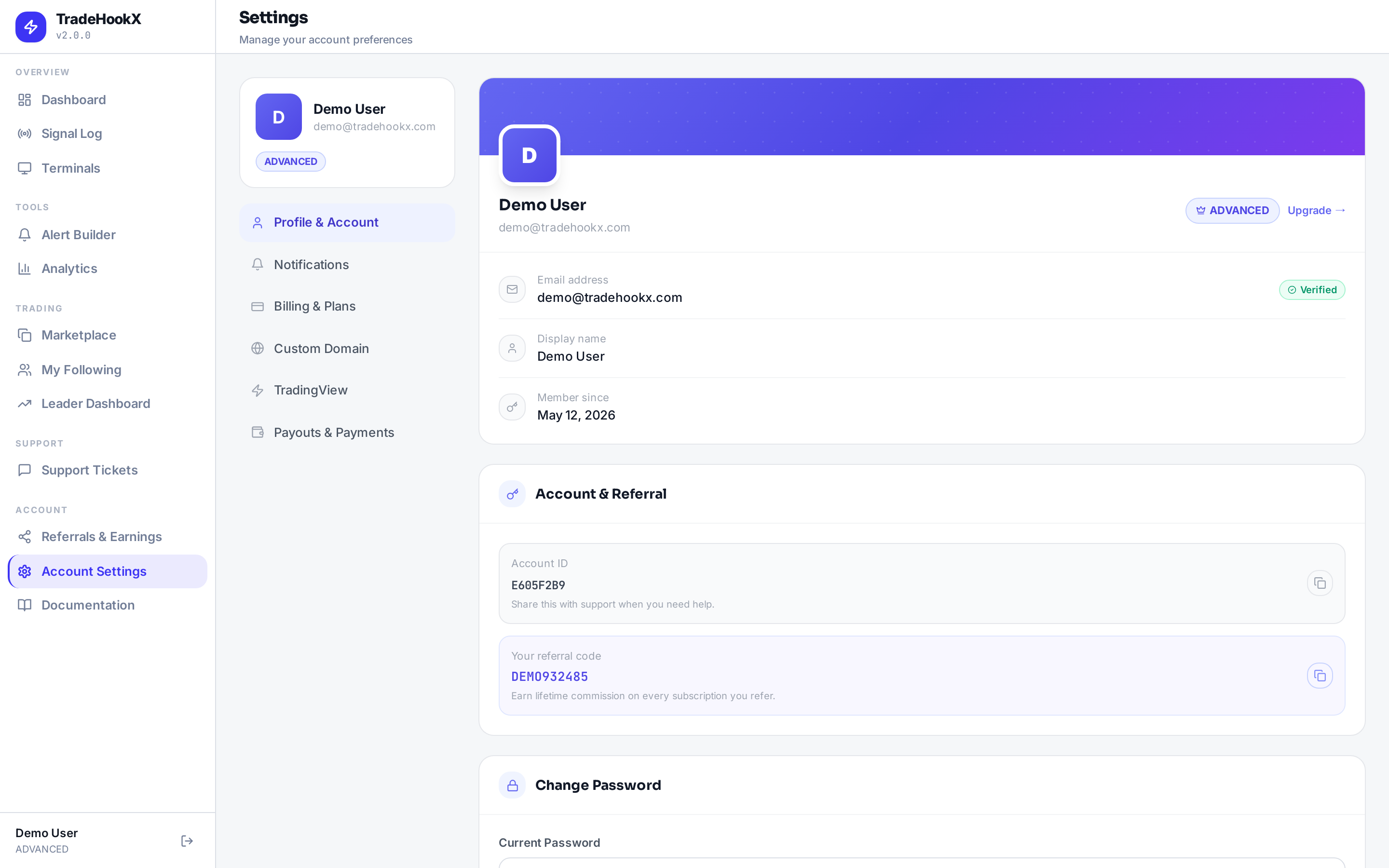 Account settings including the TradingView binding section
